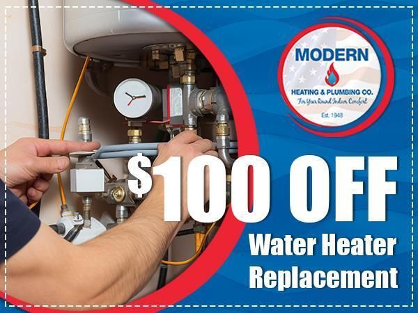 Plumber working on water heater; text offers $100 off water heater replacement.