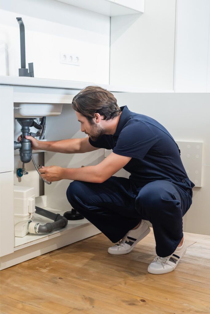 A man in blue work clothes kneels, fixing plumbing under a kitchen sink.