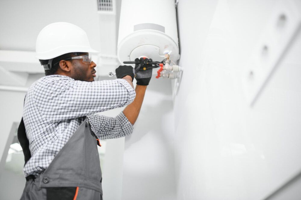 A person in a hard hat and safety glasses repairs a water heater.