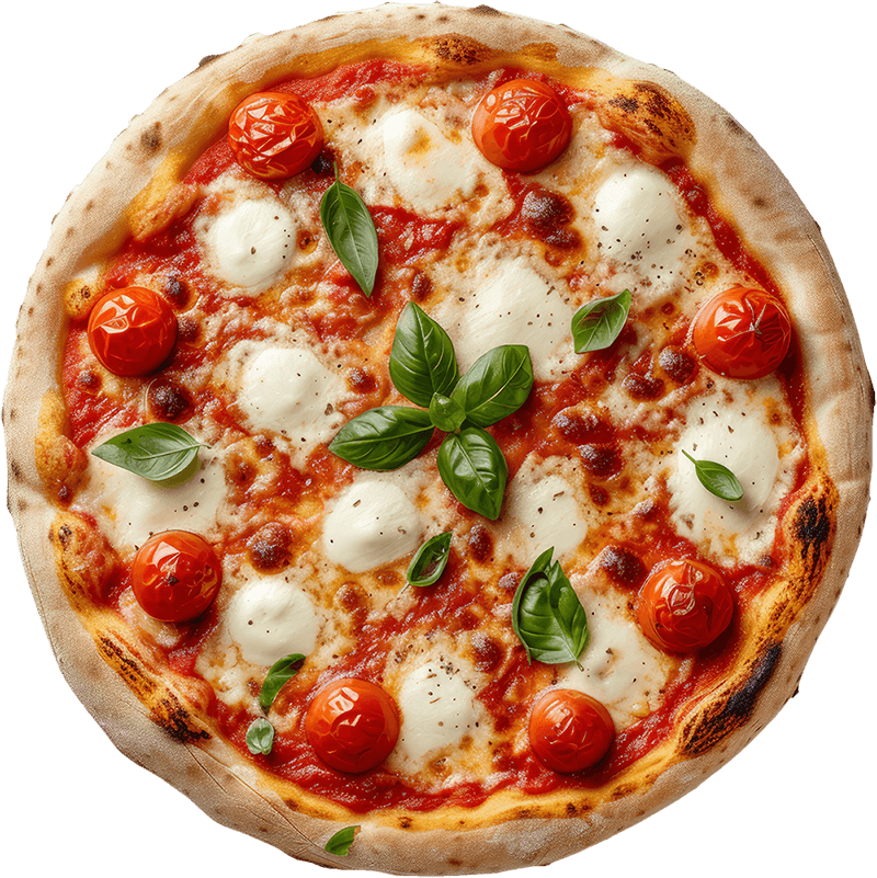Pizza with tomatoes, mozzarella, and basil on a red sauce, round and baked.