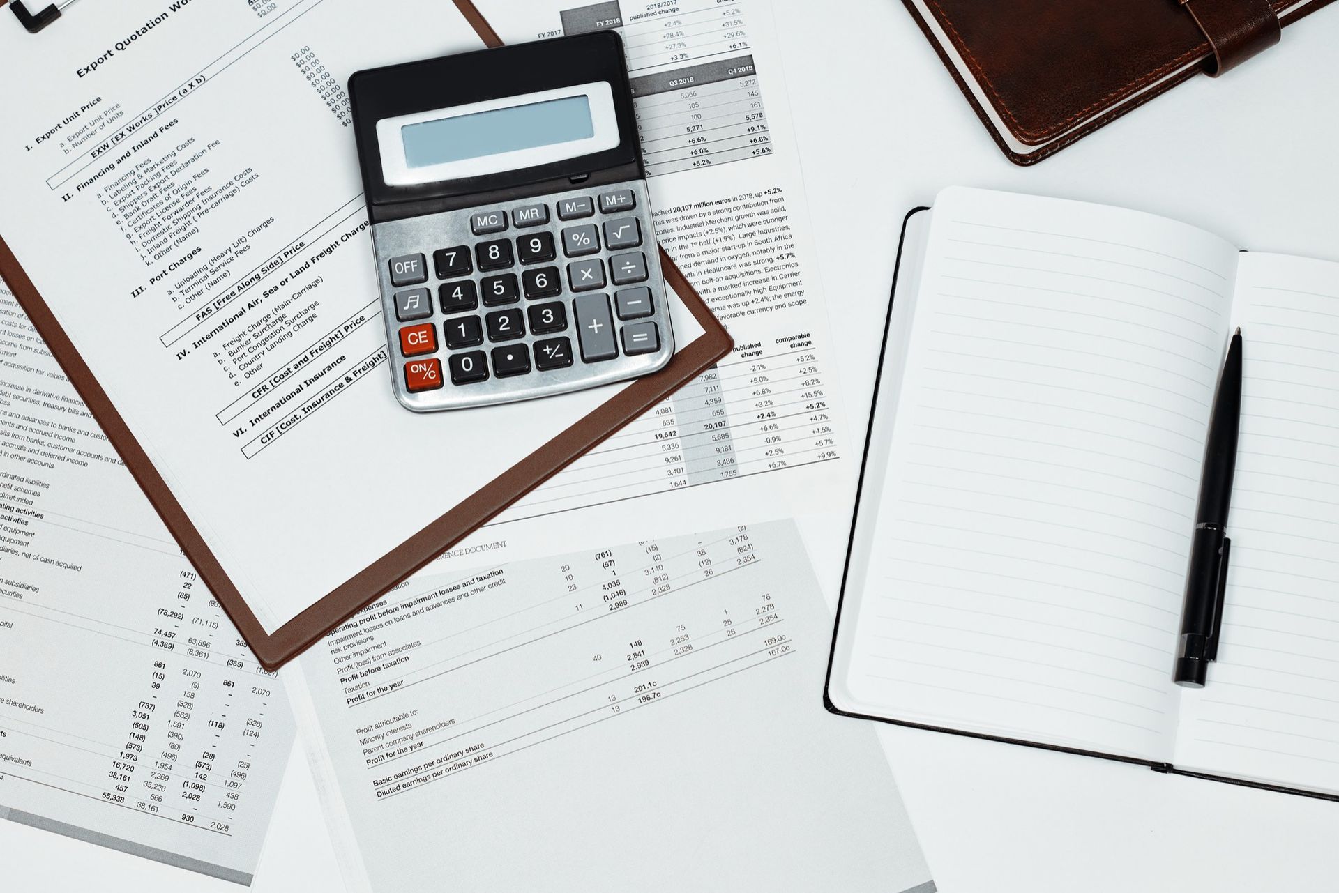 A calculator is sitting on top of a pile of papers.
