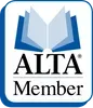 a blue and white alta member logo with an open book .