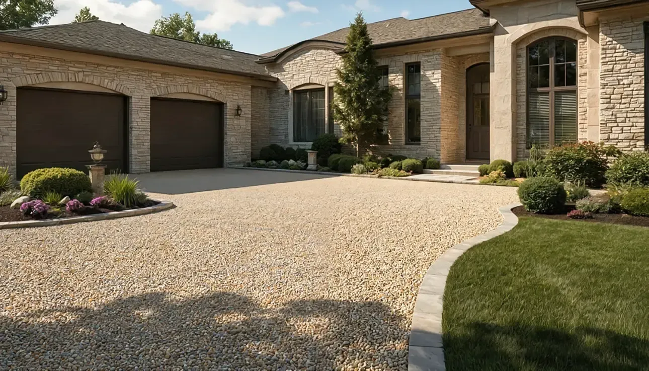 Tan gravel driveway leading to a stone facade house with a brown garage door. Landscaping with green plants.