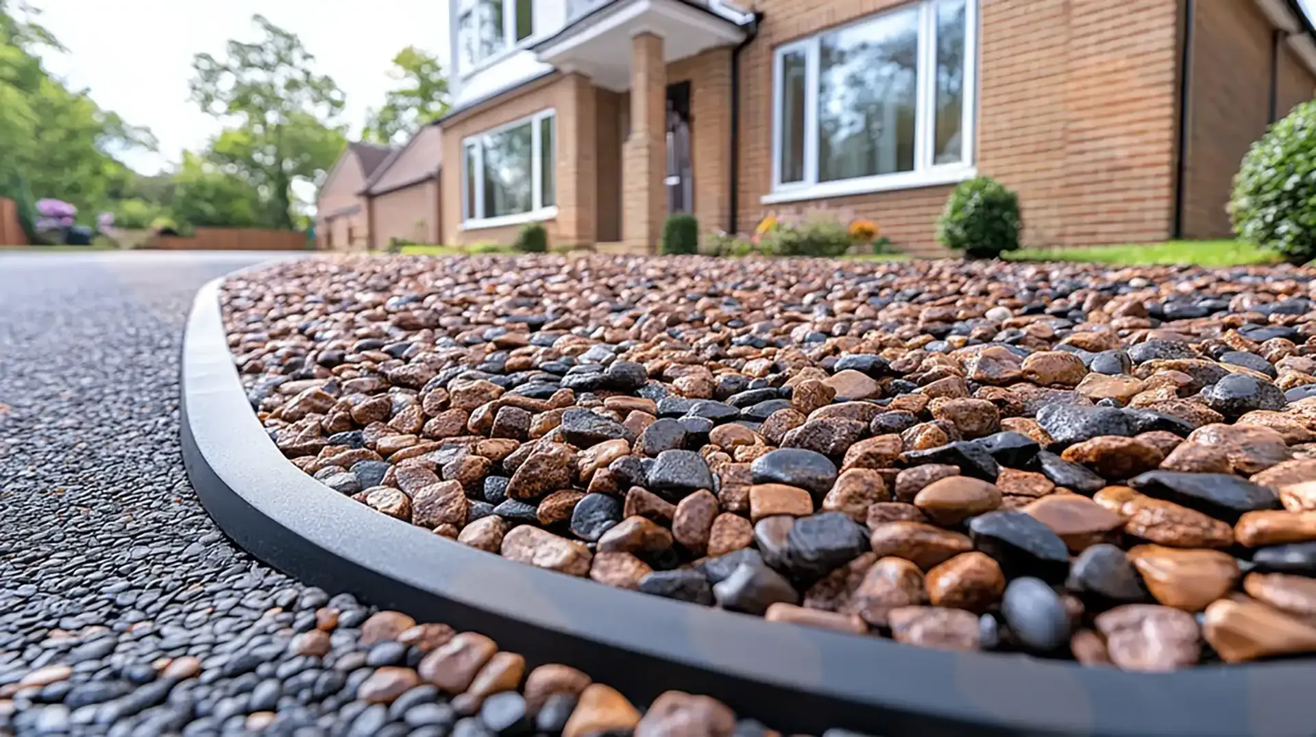Gravel driveway with a black border leading to a brick house with white windows.