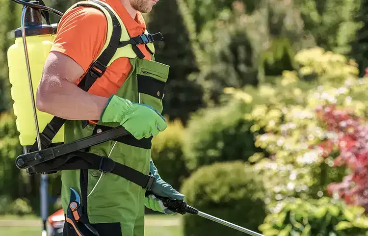 A man is spraying plants in a garden with a sprayer.
