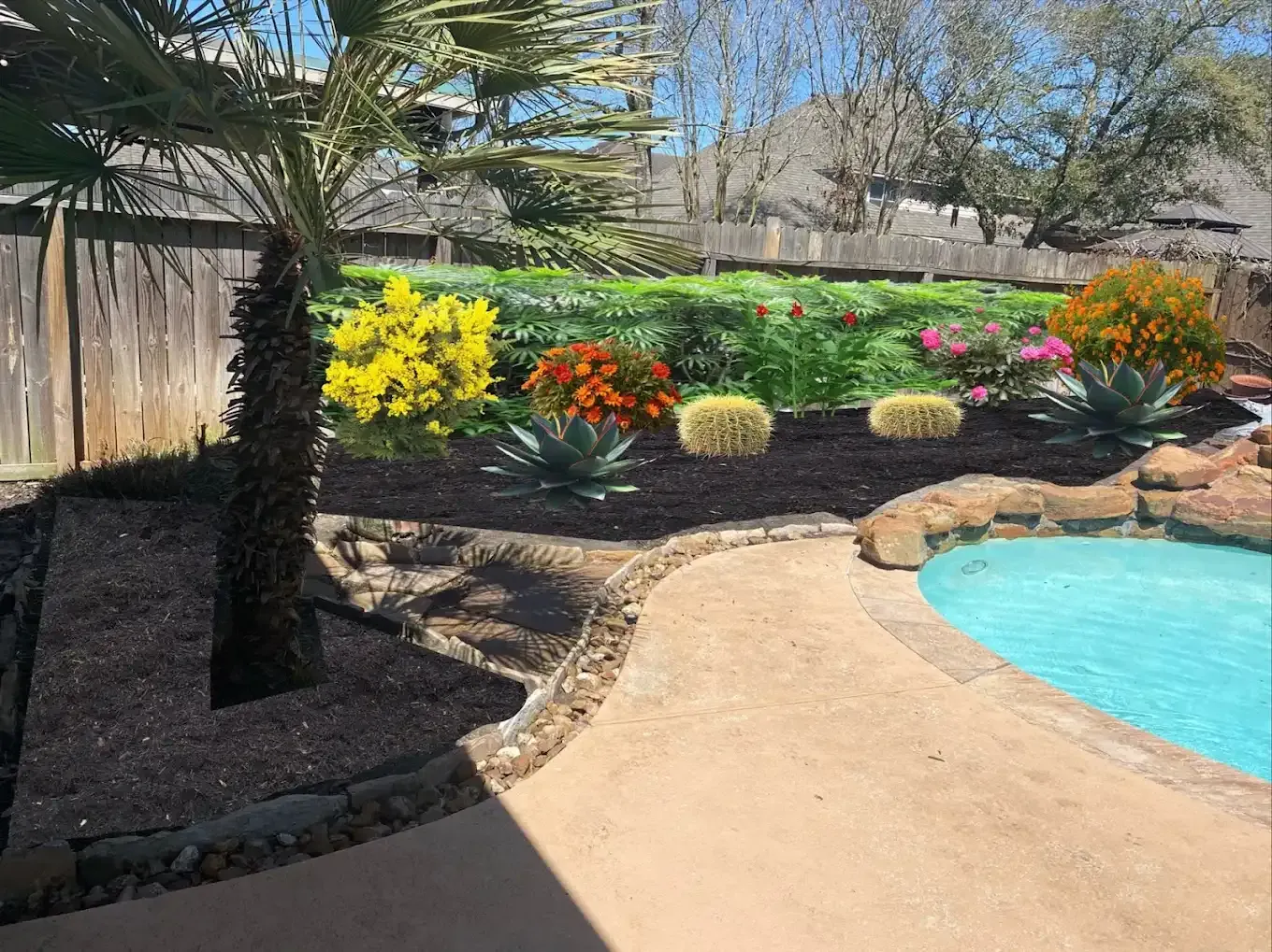 A swimming pool surrounded by a lush green garden and a palm tree.