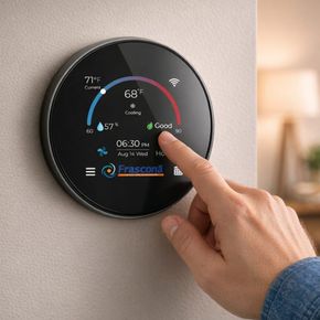 Person adjusting a smart thermostat set to 72 degrees.