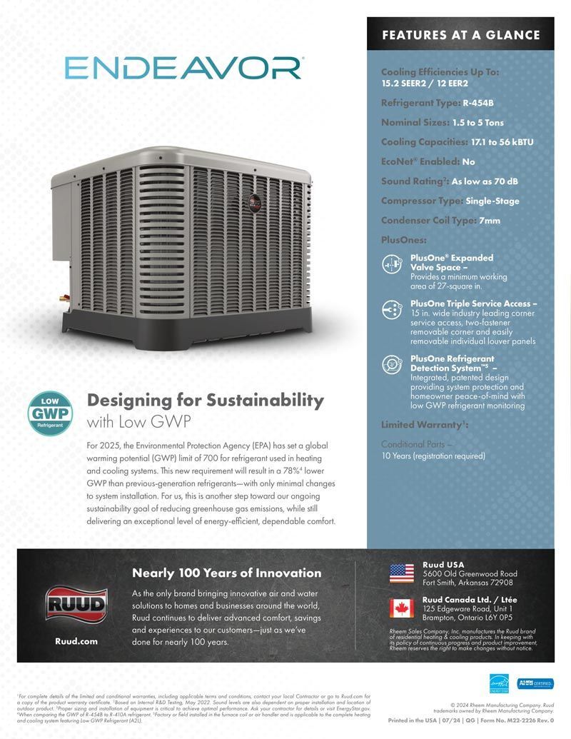 Endeavor HVAC unit brochure. Blue and white with features list and sustainability details.