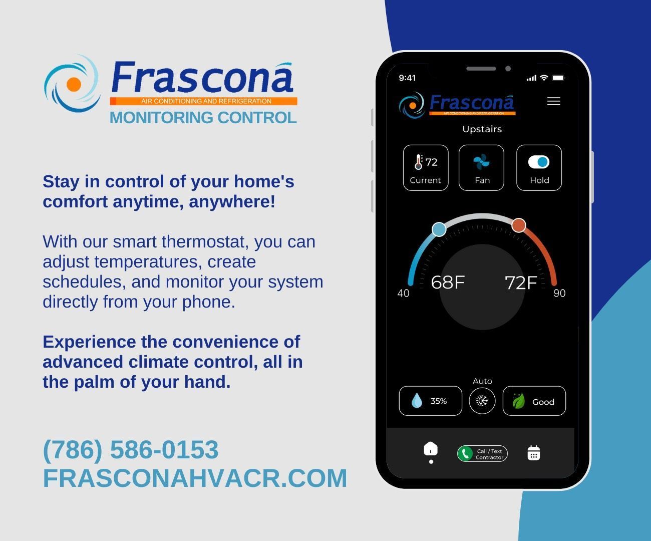 Advertisement for Frascona smart thermostat: phone screen displaying temperature controls with logo and contact information.
