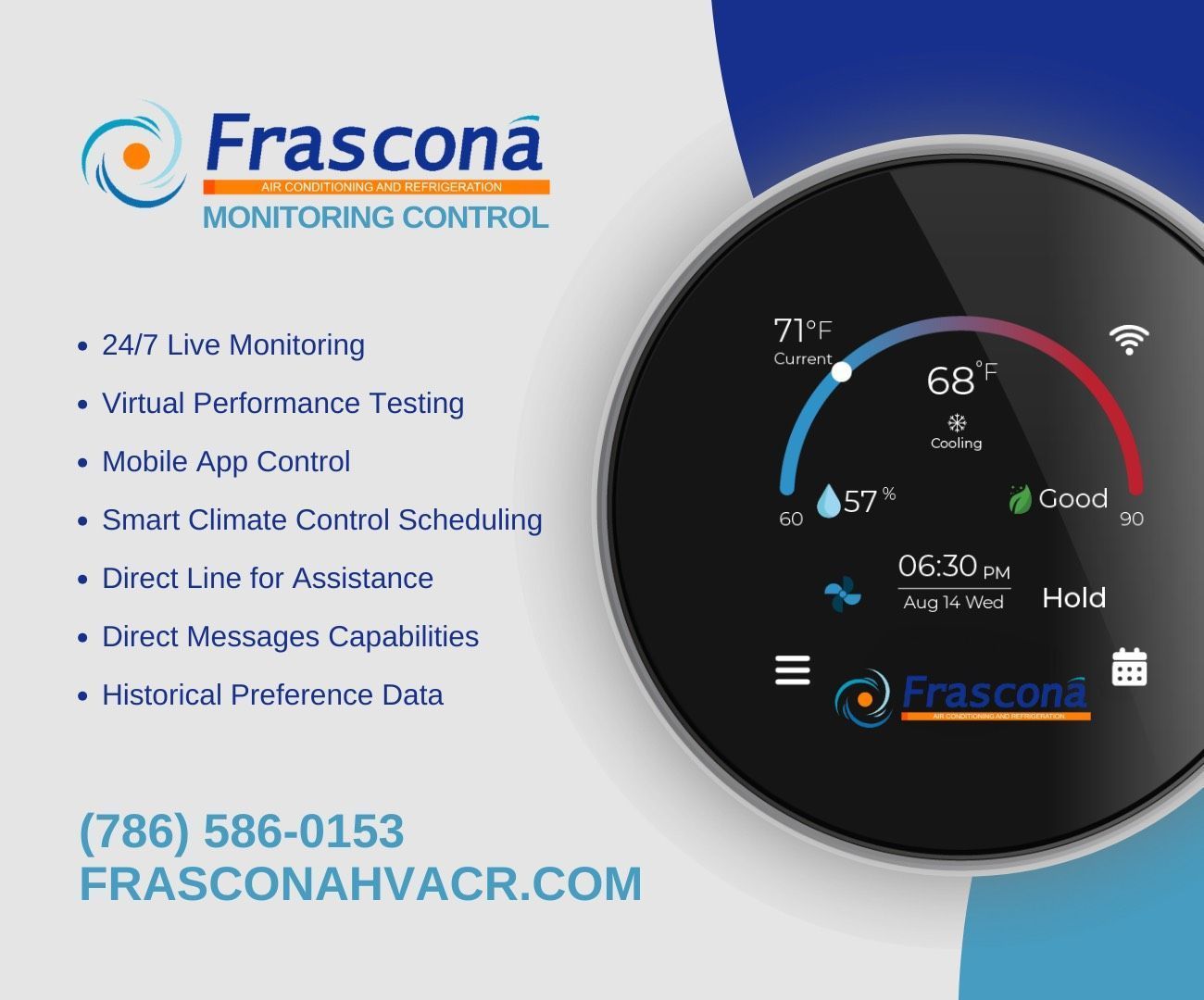 A smart thermostat by Frascona, with features including 24/7 monitoring and mobile app control, against a blue and gray gradient.