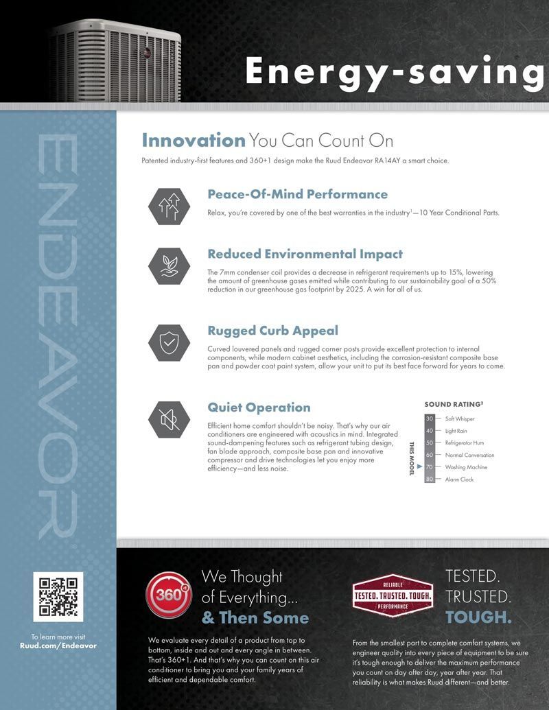 Advertisement for Endeavor energy-saving air conditioner, with text and graphics highlighting features.