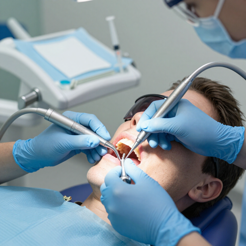 Dentist performing a dental procedure on a patient with blue-gloved hands and tools in a clinical setting