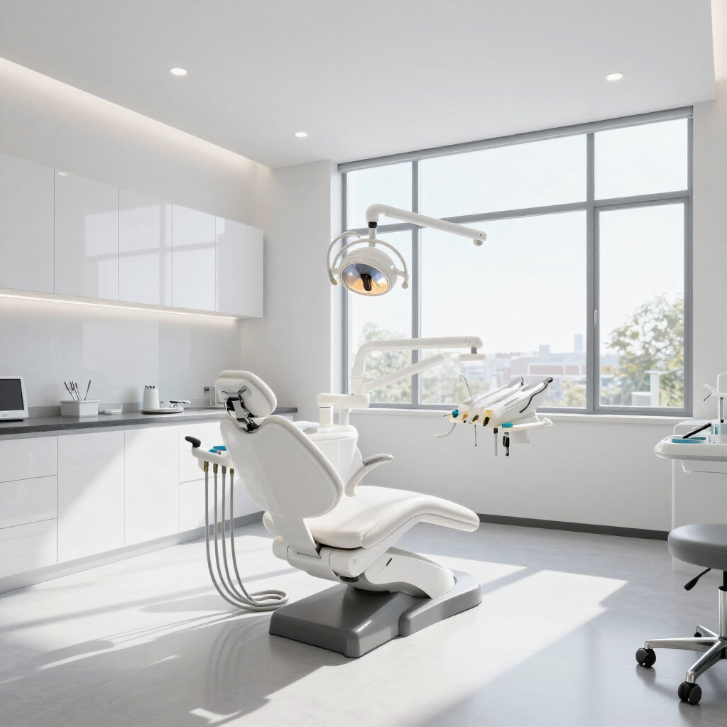 Modern dental clinic with a white chair, overhead exam light, cabinets, and large window