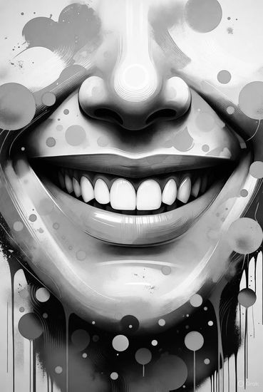 Black-and-white stylized smiling mouth with teeth, surrounded by abstract paint splatters and drips