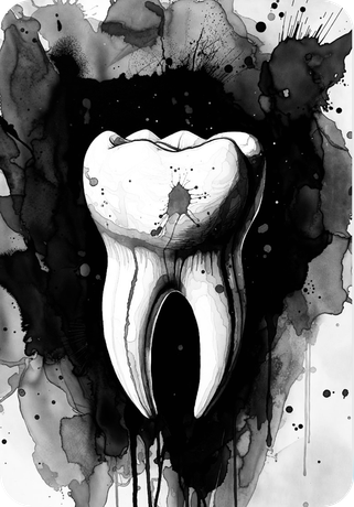 Black-and-white illustration of a tooth with dark ink splashes in the background