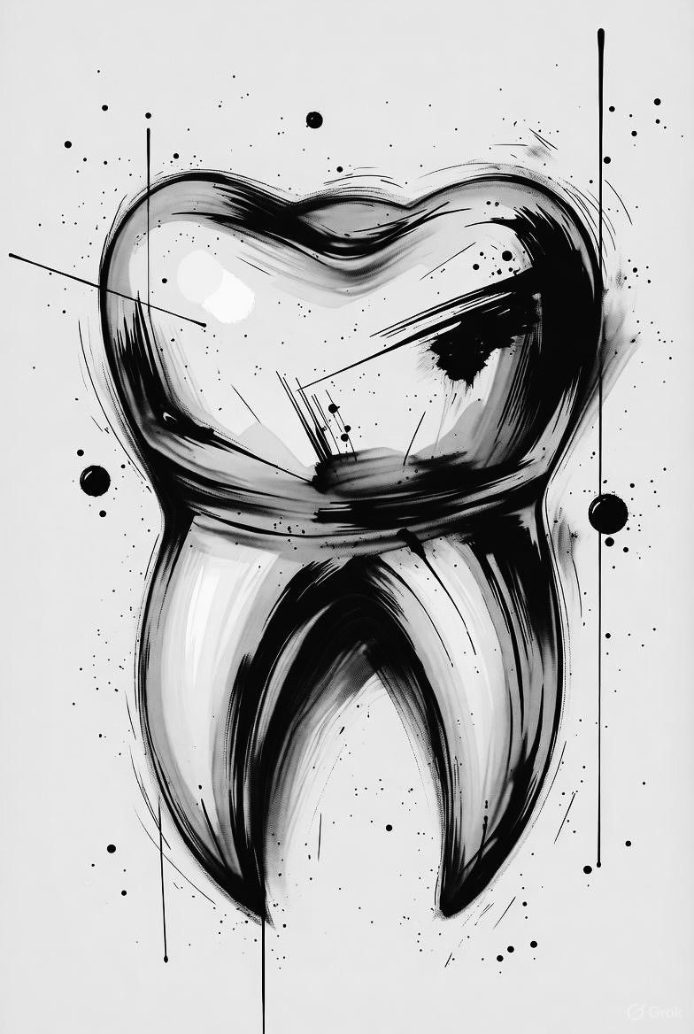 Abstract black-and-white sketch of a human tooth on a light background with bold ink strokes and splatters