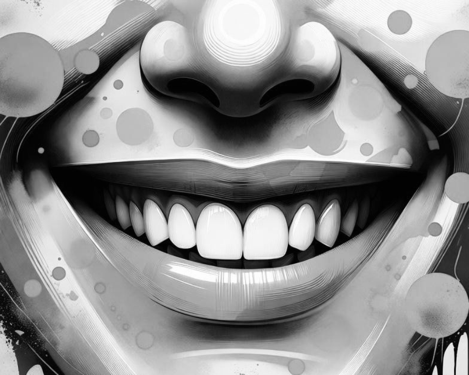 Black-and-white close-up of a smiling face with bright teeth and abstract dots around it