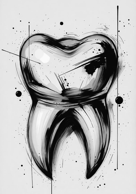 Abstract black-and-white sketch of a human tooth on a light background with bold ink strokes and splatters