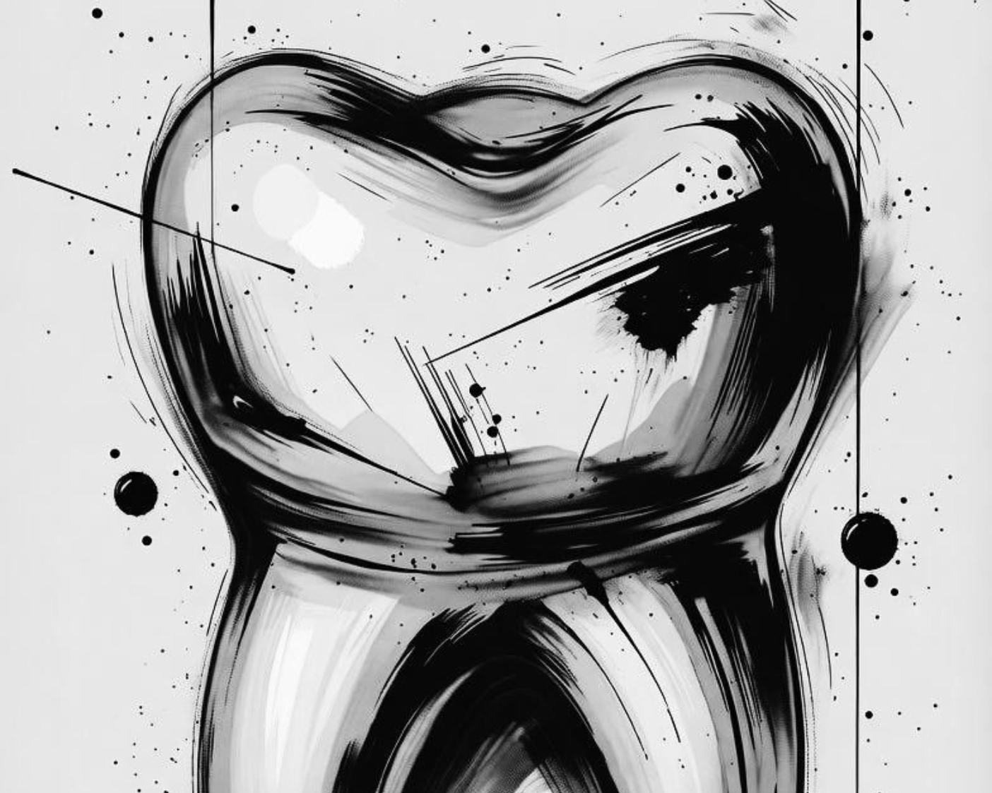 Abstract black-and-white sketch of a human tooth on a light background with bold ink strokes and splatters