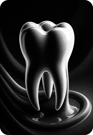 Glossy black-and-white 3D rendering of a single tooth against a dark background
