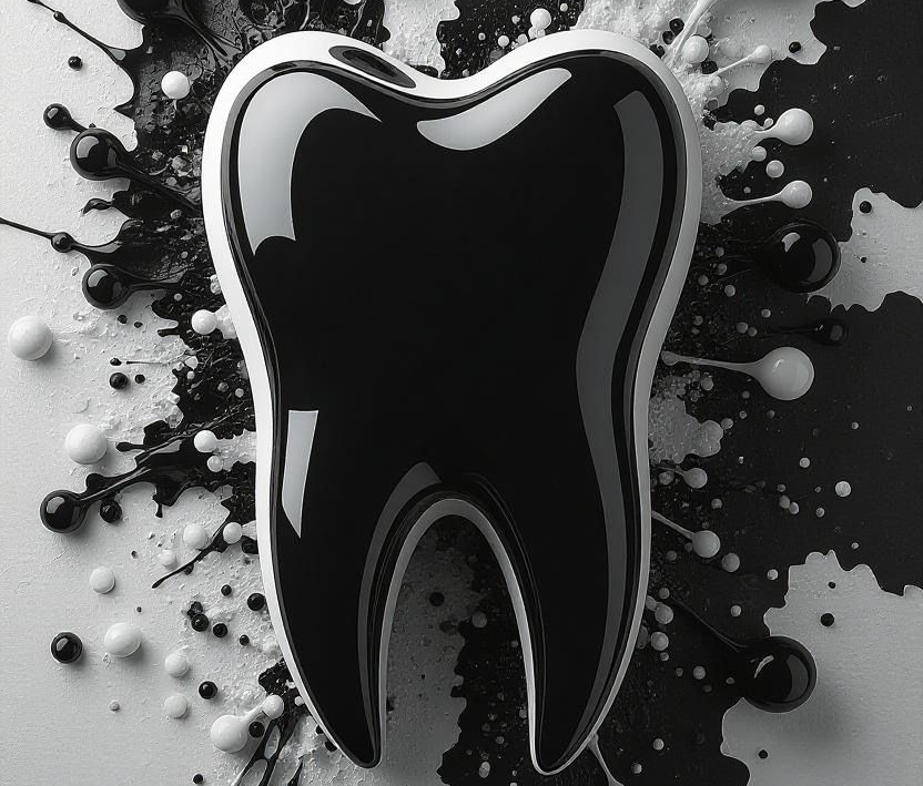 Glossy black tooth icon with white outline on a splattered gray background