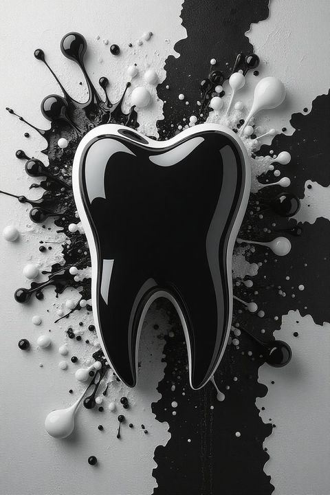 Glossy black tooth icon with white outline on a black-and-white paint splatter background