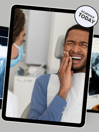 Dentist examining a man’s painful teeth while he holds his cheek in a dental chair