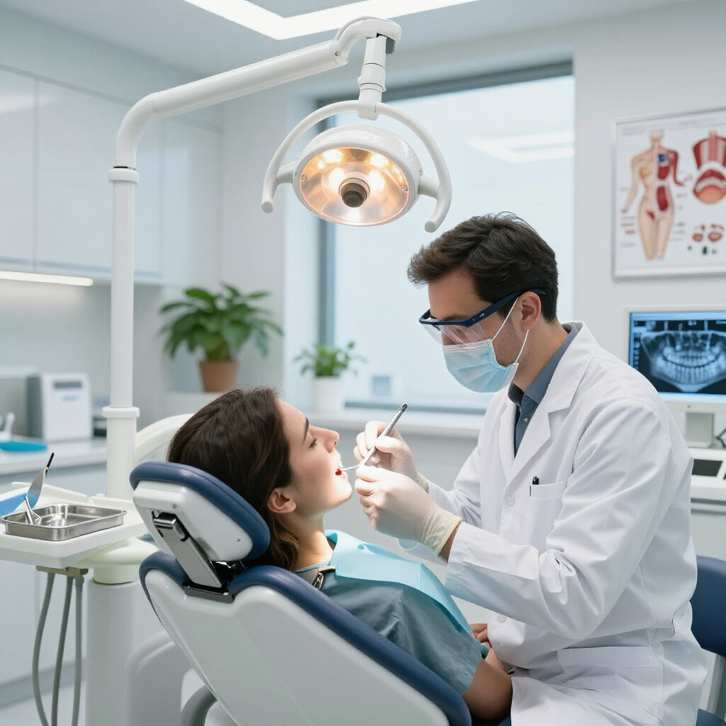 Dentist examining a patient in a modern clinic, with overhead light and dental chair visible