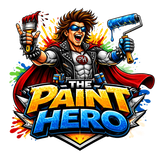 Cartoon logo of a smiling painter with roller and brush above “THE PAINT HERO” text in bright colors