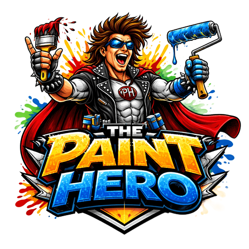 Cartoon logo of a smiling painter with roller and brush above “THE PAINT HERO” text in bright colors