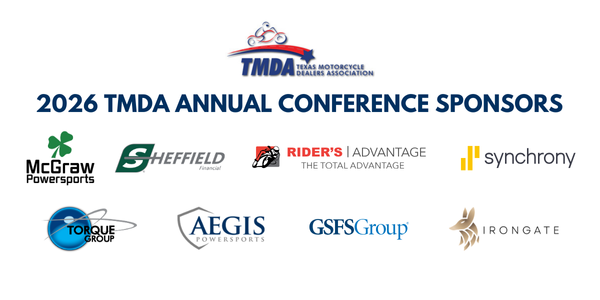 2026 TMDA Annual Conference Sponsors. Logos of AEGIS, Rider's Advantage, Torque Group, Synchrony, McGraw Powersports, GSFS Group, and Sheffield.