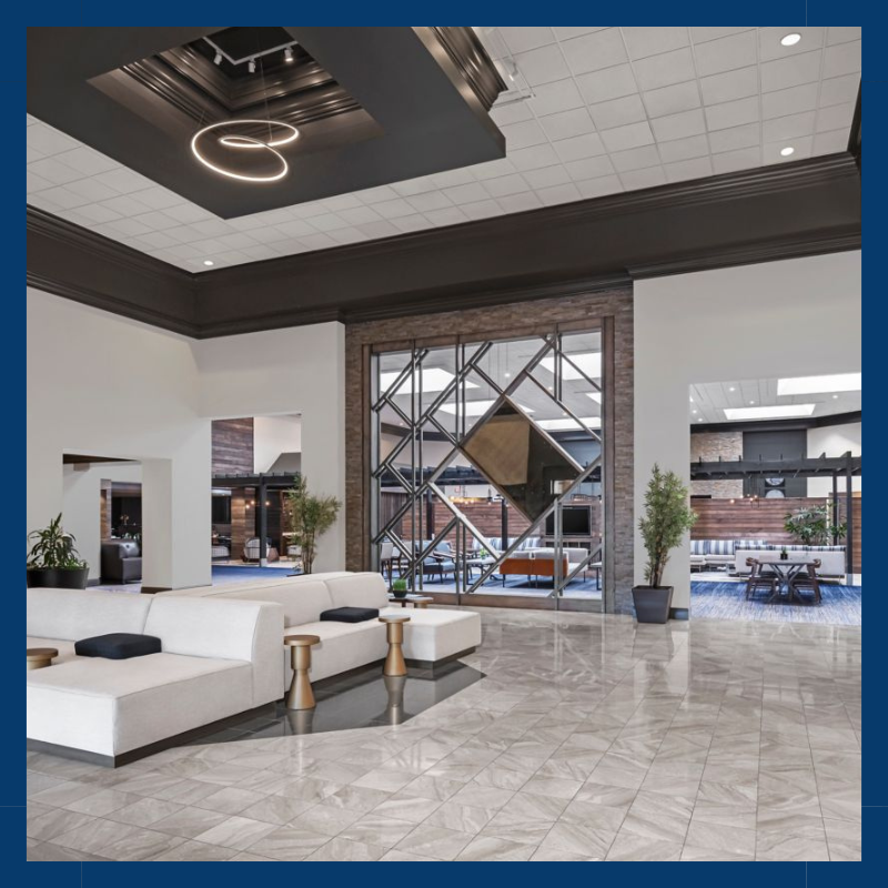 Lobby and guest gathering area at Marriott North Austin Round Rock, host hotel for the 2027 TMDA Annual Conference.