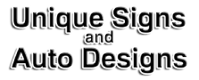 Logo reading &ldquo;Unique Signs and Auto Designs&rdquo; in bold black and white text.