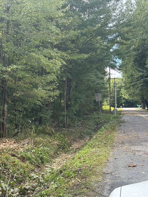 Chemin de gravier bordé d'une dense végétation verte, avec un panneau indicateur au loin.