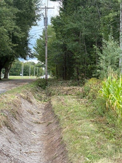 Fossé de drainage en terre battue longeant une route bordée d'arbres, de poteaux électriques et de hautes herbes.