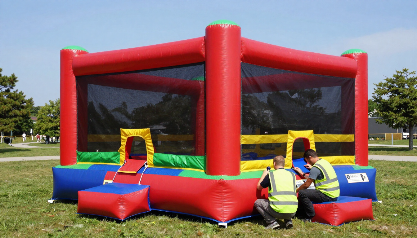 Red inflatable bounce house on a grassy field, with two workers adjusting it nearby.