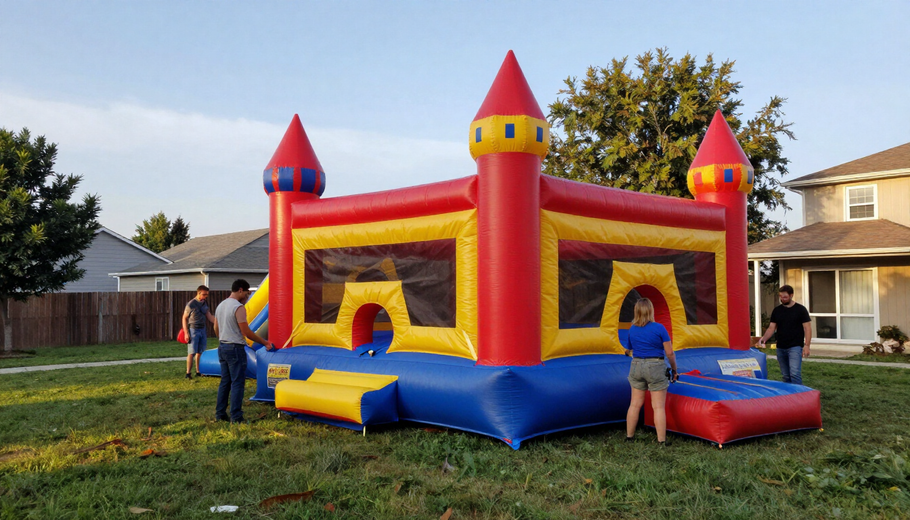 Colorful inflatable bounce castle in a suburban yard with children playing nearby