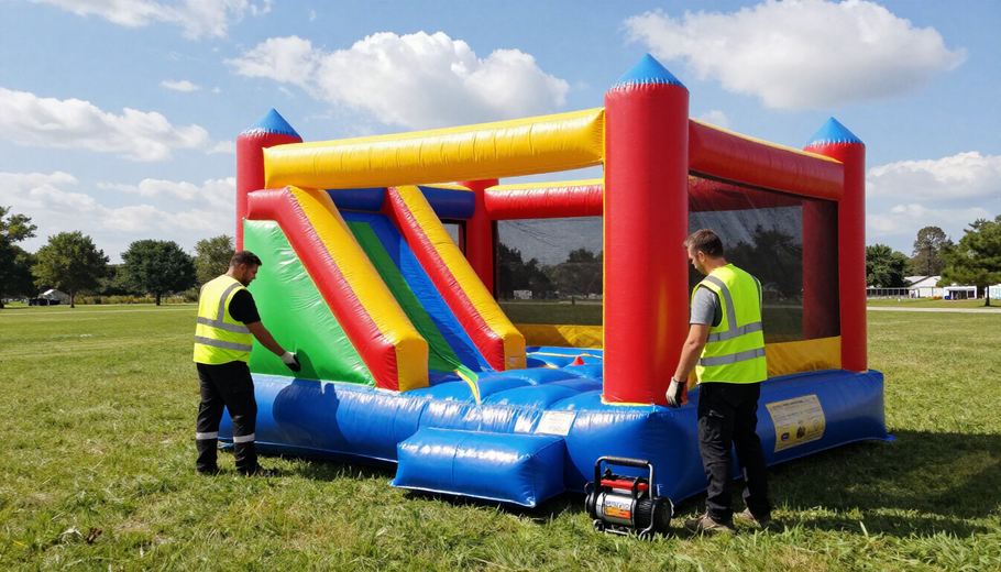 Workers set up a colorful inflatable bounce house on a grassy field under a blue sky.