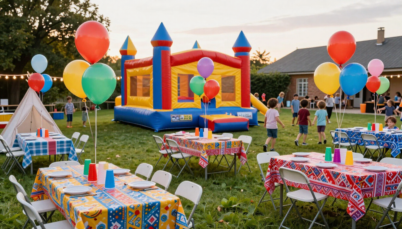 Colorful inflatable obstacle course with red, green, blue, and orange arches under a cloudy sky