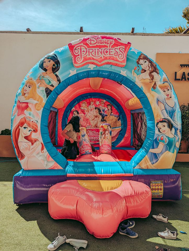 Princess-themed inflatable bounce house with pink slide and rainbow arch on grass outdoors