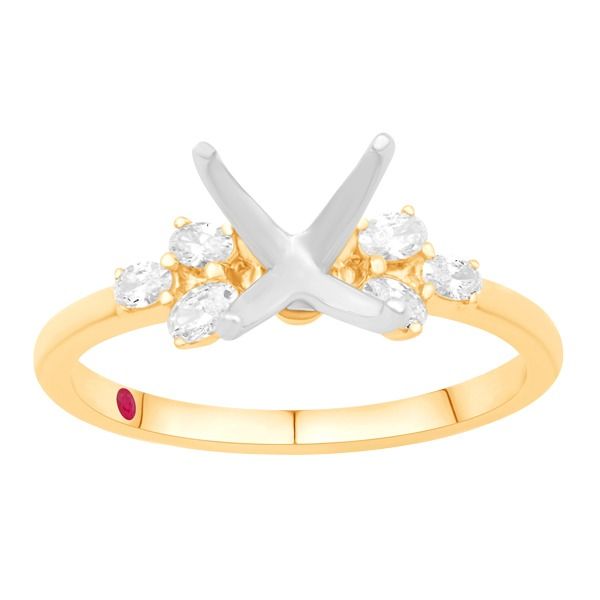 A yellow gold ring with diamonds and a ruby in the center