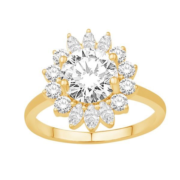 A yellow gold ring with a round diamond in the center