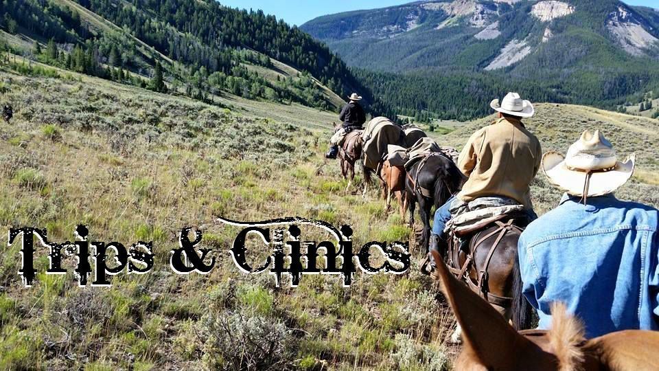 People on horseback ride through a grassy, mountain landscape with the text