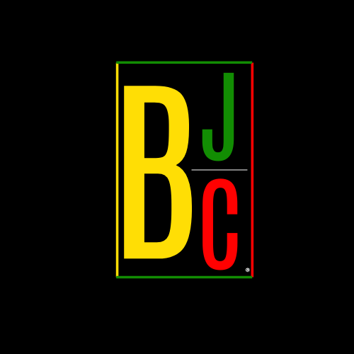 A black background with a yellow red and green logo for bjc for Boom J's Cuisine