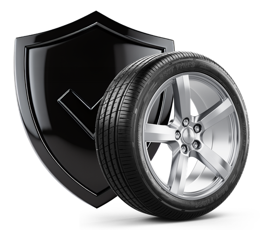 Black shield with checkmark beside a car tire, suggesting vehicle protection or security | Coastal Automotive Repair
