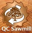 QC Sawmill logo with a tree inside two white arrows on a wood-grain background