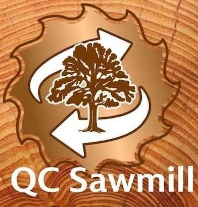 QC Sawmill logo with a tree inside two white arrows on a wood-grain background