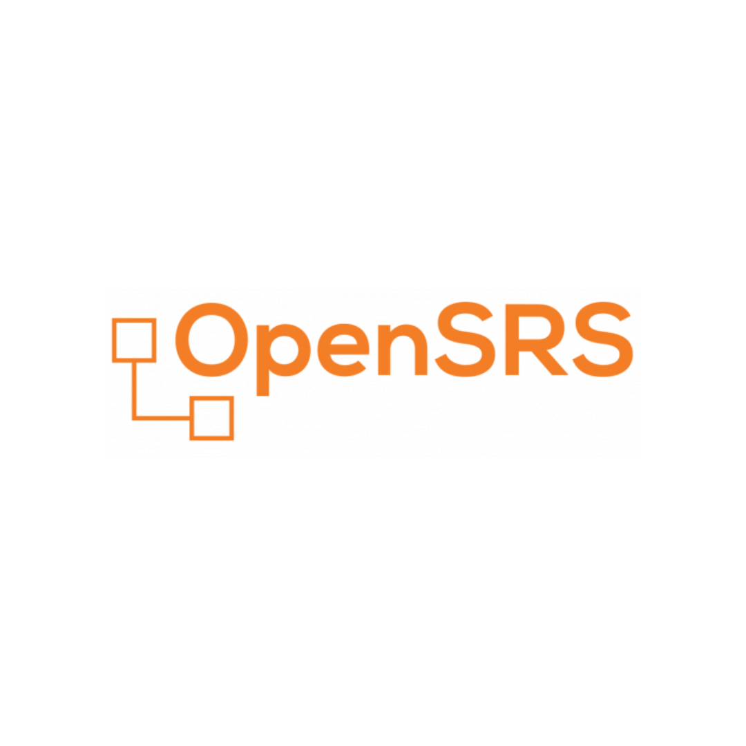 OpenSRS logo: Orange text with a connected square icon.