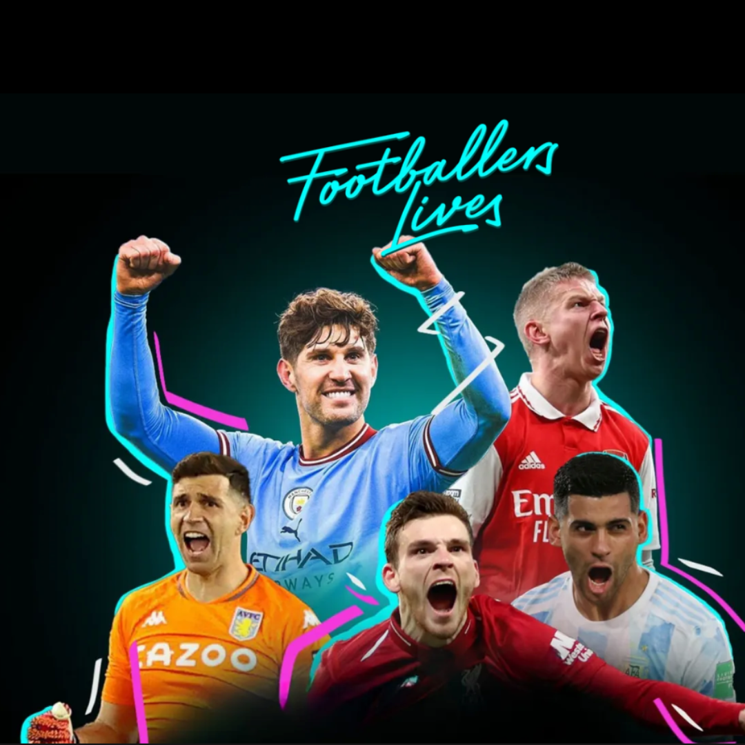 Footballers Lives graphic featuring five excited soccer players in different team colors.