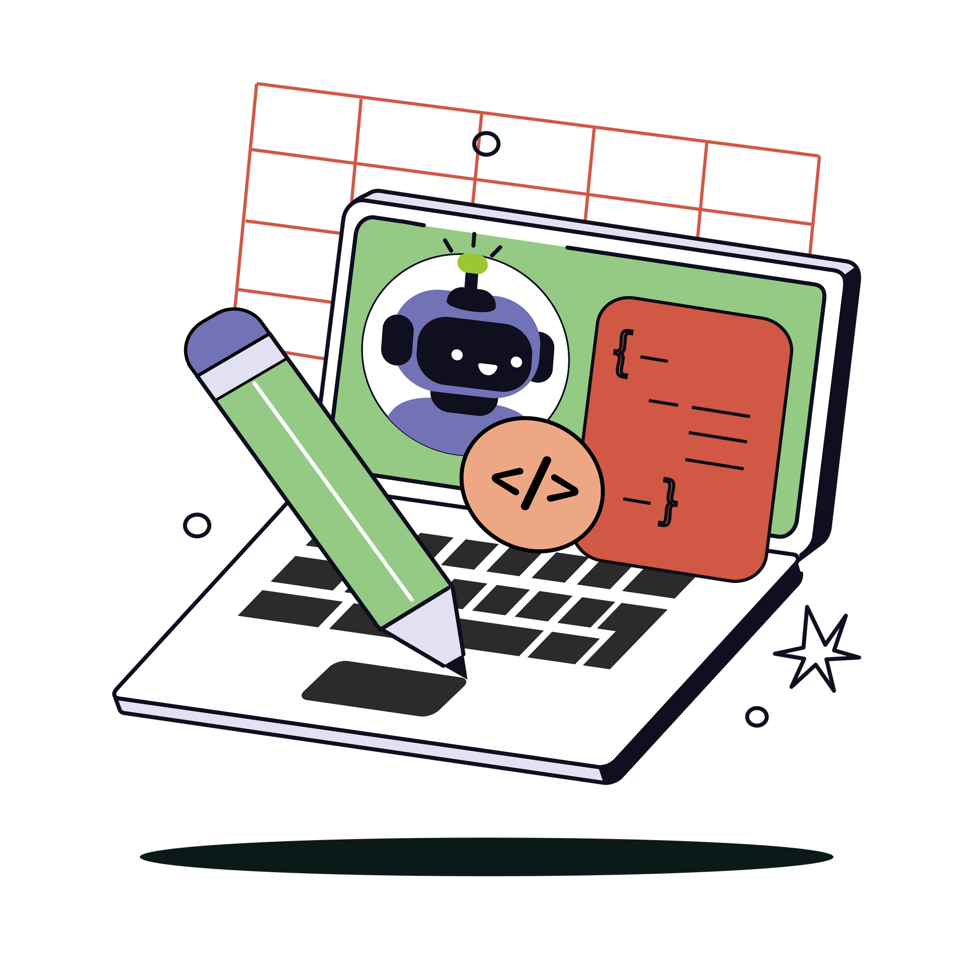 An illustration of a laptop with a pencil and a robot on the screen.